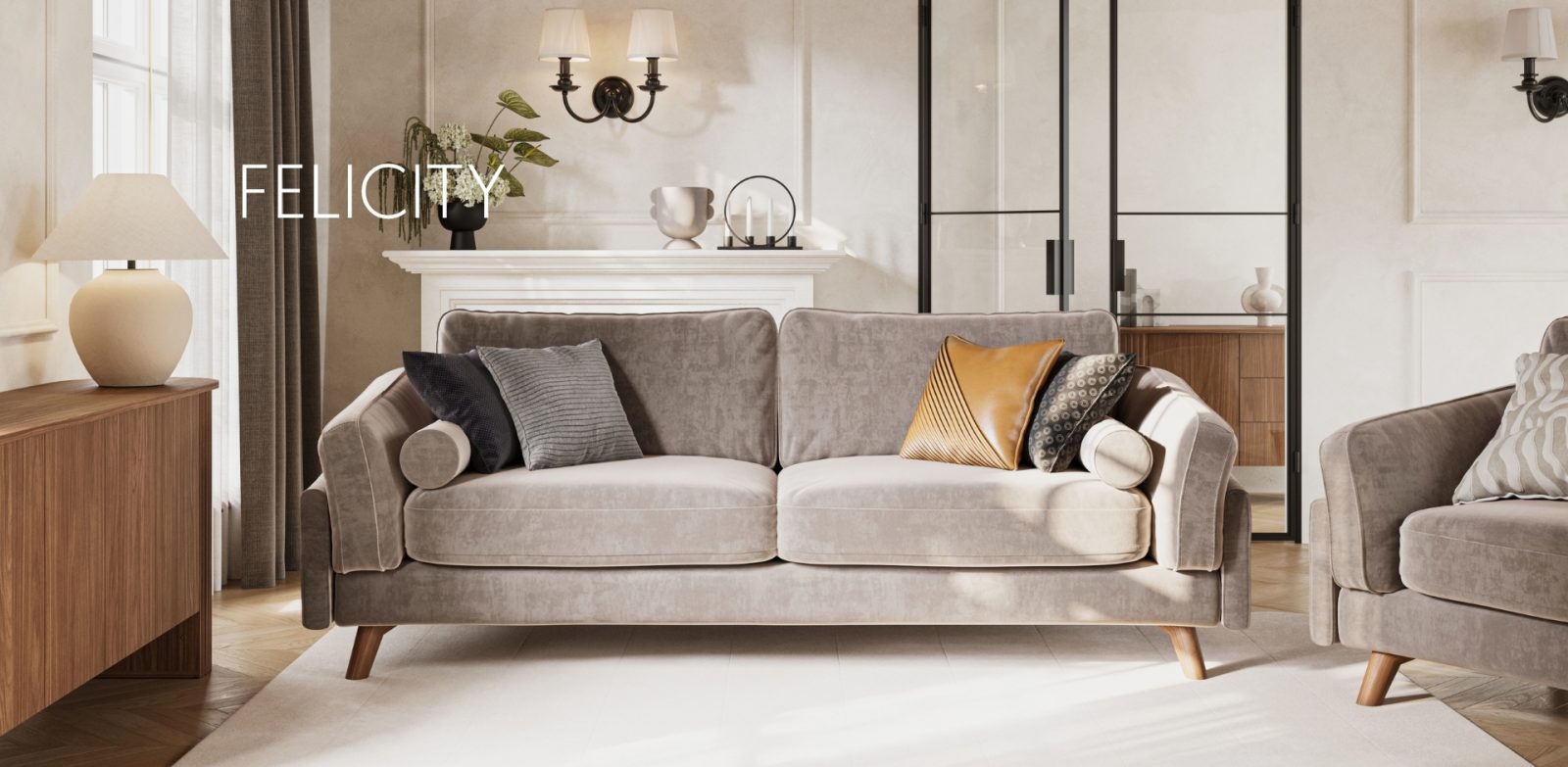Premium leather and fabric sofa in an elegant living room